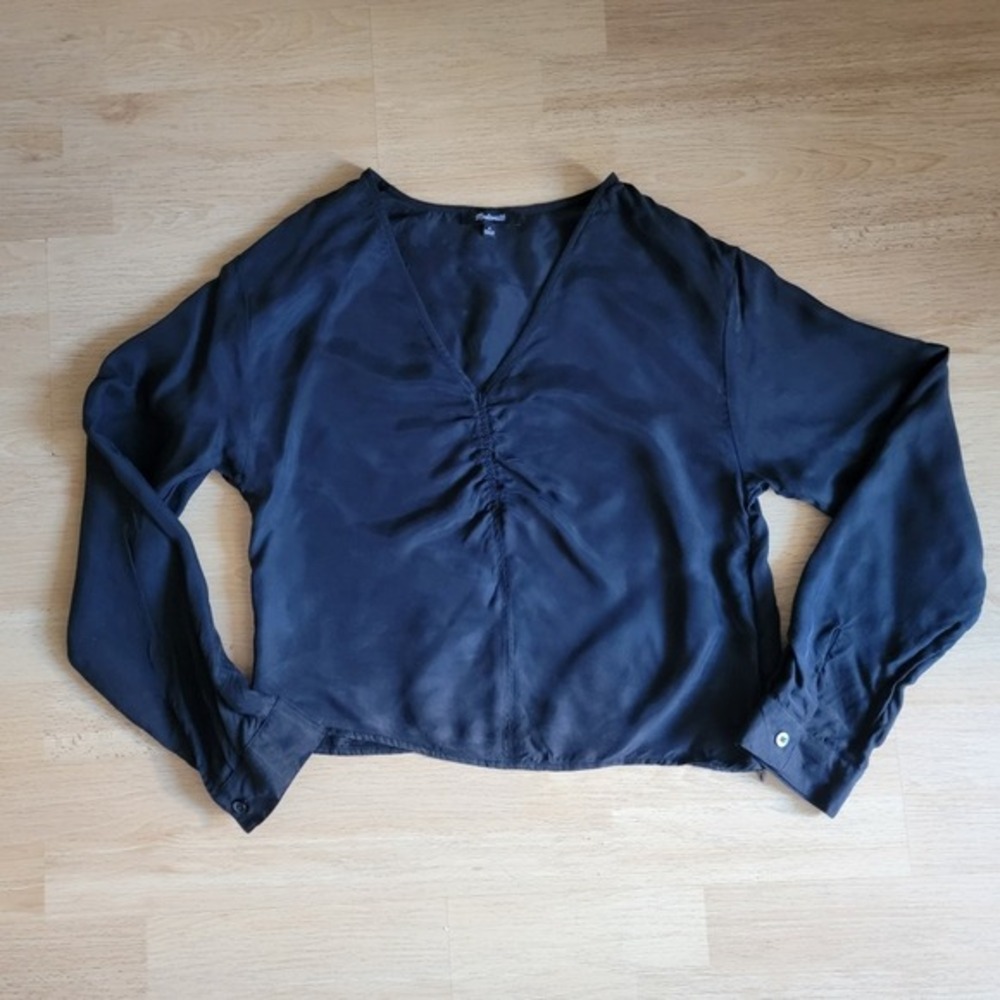 Madewell Black Cupro Viscose Ruched V-Neck‎ Side Zip Long Sleeve Top Size 6